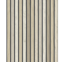 Akustický panel s vertikálnymi drevenými lamelami v dekore duba na tmavom podklade.