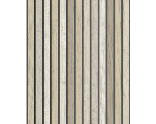 Vliesová tapeta B31208 Vavex 2027 Akustický panel s vertikálnymi drevenými lamelami v dekore duba na tmavom podklade.