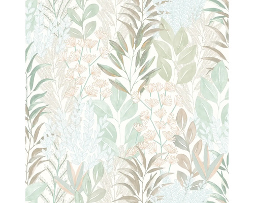 Tapeta s botanickým vzorom listov a jemnými kvetmi v akvarelovom štýle.