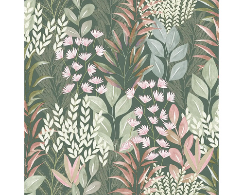 Tapeta s botanickým vzorom rôznych listov, papradí a malých kvetov v ilustratívnom štýle.
