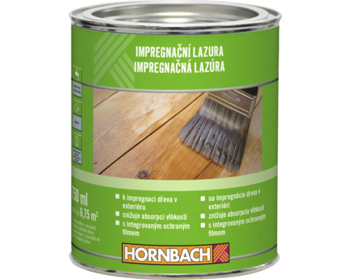 Hornbach impregnačná lazúra pre vonkajšie použitie, 750 mililitrov, circa 6,75 metrov štvorcových, znižuje absorpciu vlhkosti, s ochranným filmom.