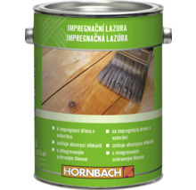 Hornbach impregnačná lazúra na drevo v exteriéri, plechovka s vyobrazením štetca na drevenom povrchu, Hornbach Logo