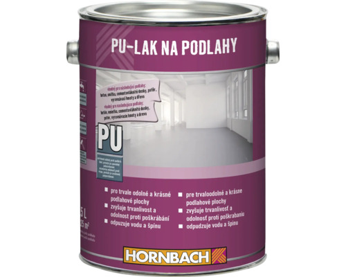 Plechovka polyuretanoveho laku na podlahy pre beton a drevo s objemom pat litrov a logom Hornbach