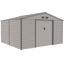 Sivý kovový záhradný domček so sedlovou strechou, dvojkrídlovými posuvnými dverami a vetracími otvormi.