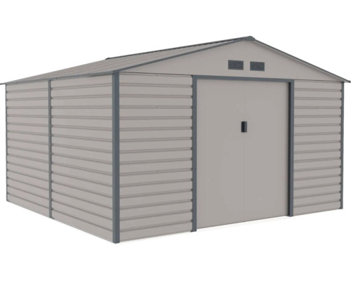 Sivý kovový záhradný domček so sedlovou strechou, dvojkrídlovými posuvnými dverami a vetracími otvormi.