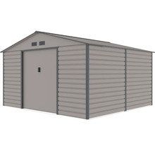 Kovový záhradný domček so sedlovou strechou, posuvnými dverami a vetracími otvormi.