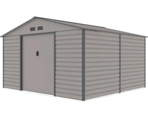 Kovový záhradný domček so sedlovou strechou, posuvnými dverami a vetracími otvormi.