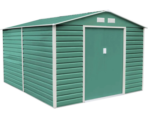 Zelený kovový záhradný domček so sedlovou strechou, dvojkrídlovými posuvnými dverami a vetracími otvormi.