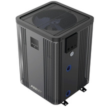Tepelné čerpadlo Poolex pre bazény, vertikálna konštrukcia, kovový kryt s ventilačnými mriežkami, ovládací panel a tlakomer.