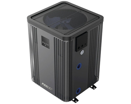 Tepelné čerpadlo Poolex pre bazény, vertikálna konštrukcia, kovový kryt s ventilačnými mriežkami, ovládací panel a tlakomer.