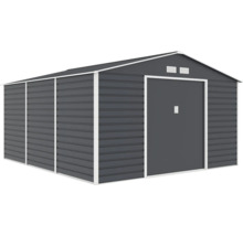 Kovový záhradný domček so sedlovou strechou, vetracími otvormi a posuvnými dverami