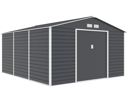 Kovový záhradný domček so sedlovou strechou, vetracími otvormi a posuvnými dverami