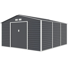 Antracitový kovový záhradný domček s bielym rámom, sedlovou strechou a posuvnými dverami.