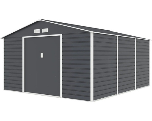 Antracitový kovový záhradný domček s bielym rámom, sedlovou strechou a posuvnými dverami.