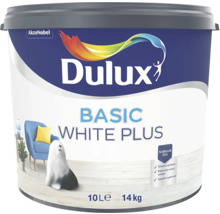 Vedro interiérovej farby Dulux Basic White Plus, 10 litrov, od AkzoNobel s logom Dulux Logo a typickým psom značky.
