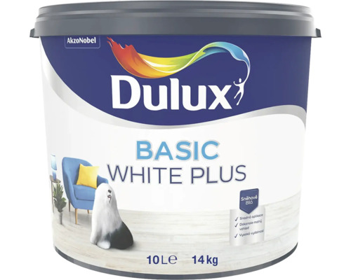 Vedro interiérovej farby Dulux Basic White Plus, 10 litrov, od AkzoNobel s logom Dulux Logo a typickým psom značky.