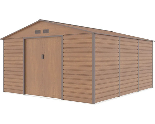 Veľký kovový záhradný domček v dekore dreva so sedlovou strechou a dvojitými posuvnými dverami.