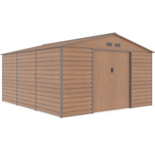 Veľký kovový záhradný domček v dekore dreva so sedlovou strechou a dvojitými posuvnými dverami.