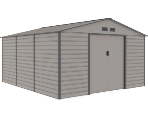 Kovový záhradný domček so sedlovou strechou, vodorovnými stenovými panelmi, dvojitými posuvnými dverami a vetracími mriežkami.