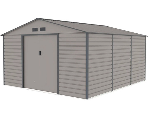 Veľký kovový záhradný domček so sedlovou strechou, dvojitými posuvnými dverami a vetracími otvormi.