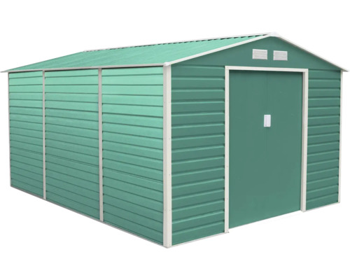 Zelený kovový záhradný domček s bielym rámom, sedlovou strechou, posuvnými dverami a vetracími otvormi.