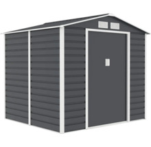 Antracitový kovový záhradný domček so sedlovou strechou, bielym rámom, posuvnými dverami a dvoma vetracími otvormi.