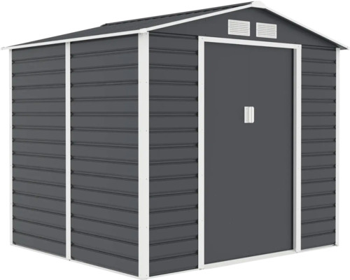 Antracitový kovový záhradný domček so sedlovou strechou, bielym rámom, posuvnými dverami a dvoma vetracími otvormi.