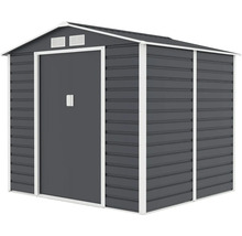 Antracitový kovový záhradný domček so sedlovou strechou, bielym rámom, posuvnými dverami a vetracími otvormi.