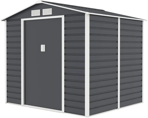Antracitový kovový záhradný domček so sedlovou strechou, bielym rámom, posuvnými dverami a vetracími otvormi.