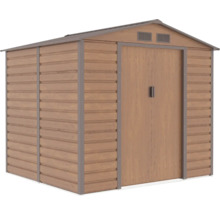 Kovový záhradný domček s dreveným dekorom, sedlovou strechou, dvojkrídlovými dverami a vetracími otvormi.