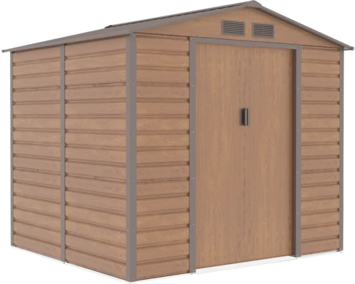 Kovový záhradný domček s dreveným dekorom, sedlovou strechou, dvojkrídlovými dverami a vetracími otvormi.