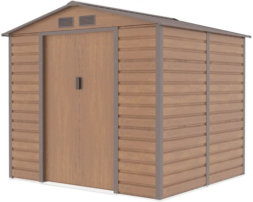 Kovový záhradný domček v dekore dreva so sedlovou strechou, dvojkrídlovými dverami a vetracími otvormi.