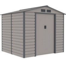 Kovový záhradný domček so sedlovou strechou, dvojitými posuvnými dverami a vetracími otvormi.