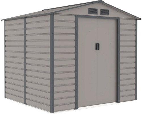 Kovový záhradný domček so sedlovou strechou, dvojitými posuvnými dverami a vetracími otvormi.