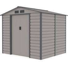 Šedý kovový záhradný domček so sedlovou strechou, dvojitými posuvnými dverami a vetracími otvormi.