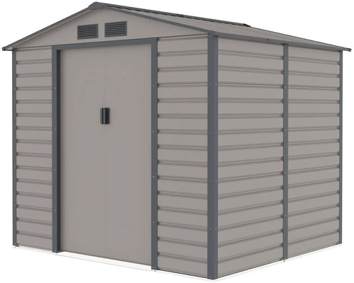 Šedý kovový záhradný domček so sedlovou strechou, dvojitými posuvnými dverami a vetracími otvormi.
