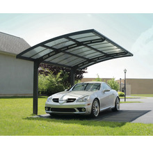 Auto pod prístreškom s kovovým rámom a priehľadnou strechou.