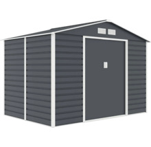 Antracitový kovový záhradný domček so sedlovou strechou, bielym rámom, posuvnými dverami a vetracími mriežkami.