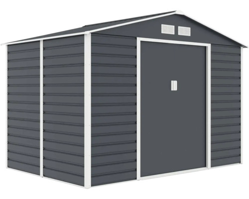 Antracitový kovový záhradný domček so sedlovou strechou, bielym rámom, posuvnými dverami a vetracími mriežkami.