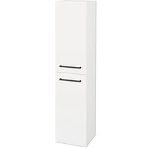Vysoká biela skrinka s dvomi dvierkami a čiernymi úchytkami.