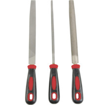 Tri pilníky s rukoväťami na opracovanie kovov