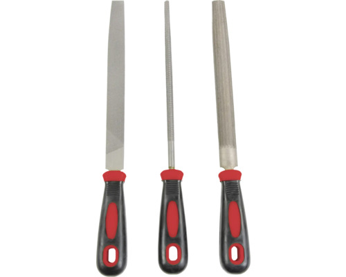 Tri pilníky s rukoväťami na opracovanie kovov