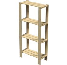 Drevený regál so štyrmi policami z neošetreného ihličnatého dreva, stabilný úložný regál do pivnice, garáže alebo dielne.
