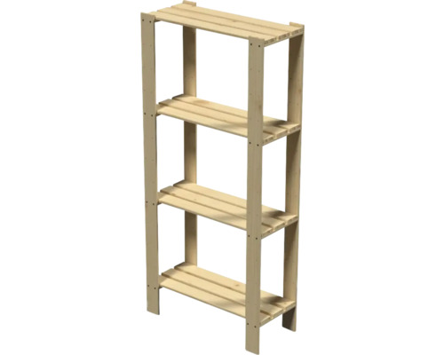 Drevený regál so štyrmi policami z neošetreného ihličnatého dreva, stabilný úložný regál do pivnice, garáže alebo dielne.