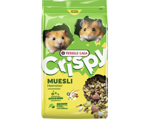 Versele-Laga Crispy Muesli krmivo pre škrečky s vitamínmi a minerálmi, bez umelých farbív, balenie s dvoma škrečkami a zmesou zŕn.