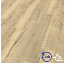 Laminátová podlaha so štruktúrou dubového dreva, 24-hodinová odolnosť voči vode a protišmykovosť.