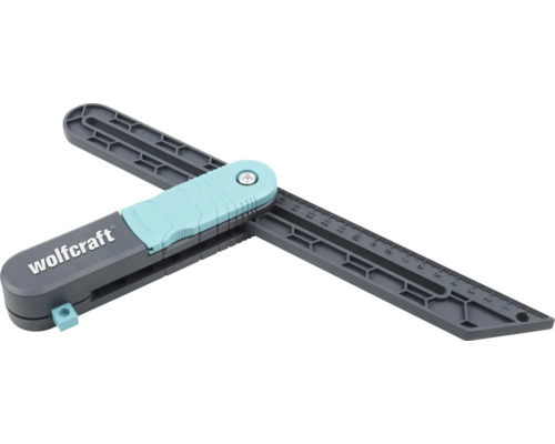 wolfcraft pokosník z plastu v sivej a tyrkysovej farbe s integrovanou stupnicou na meranie a prenášanie uhlov.