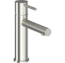 Umývadlová batéria z nehrdzavejúcej ocele s valcovým telom a štíhlou pákou.