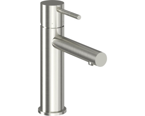 Umývadlová batéria z nehrdzavejúcej ocele s valcovým telom a štíhlou pákou.