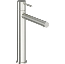 Vysoká umývadlová batéria z brúsenej nehrdzavejúcej ocele s pákovým ovládaním a valcovým výtokom.